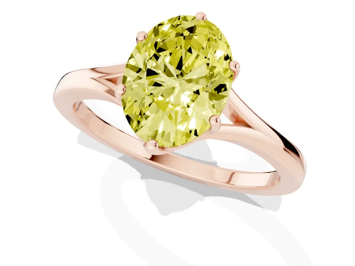 Fancy Yellow Oval Cut Solitaire Diamond Ring with Six-Prong Setting and Tapered Band Rose gold