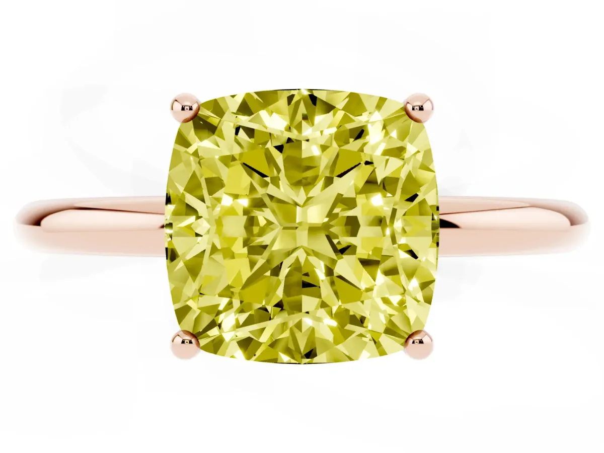 Fancy Yellow Cushion Cut Solitaire Diamond Ring with a Classic Band and Four-Prong Setting Rose gold