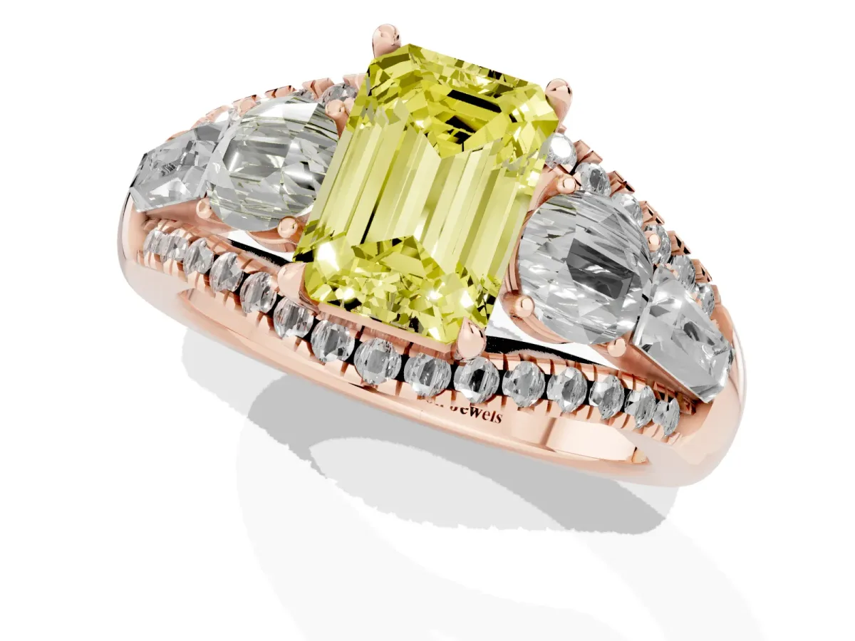 Fancy Yellow Three-Stone Emerald Cut Diamond Engagement Ring with Pave Band and Prong Setting Rose gold
