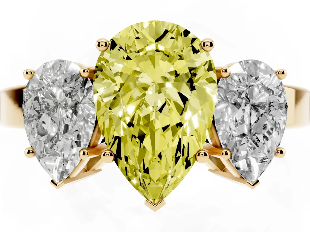 Fancy Yellow Three-Stone Pear Cut Cut Diamond Engagement Ring with Flat Band and Four-Prong Setting Yellow gold