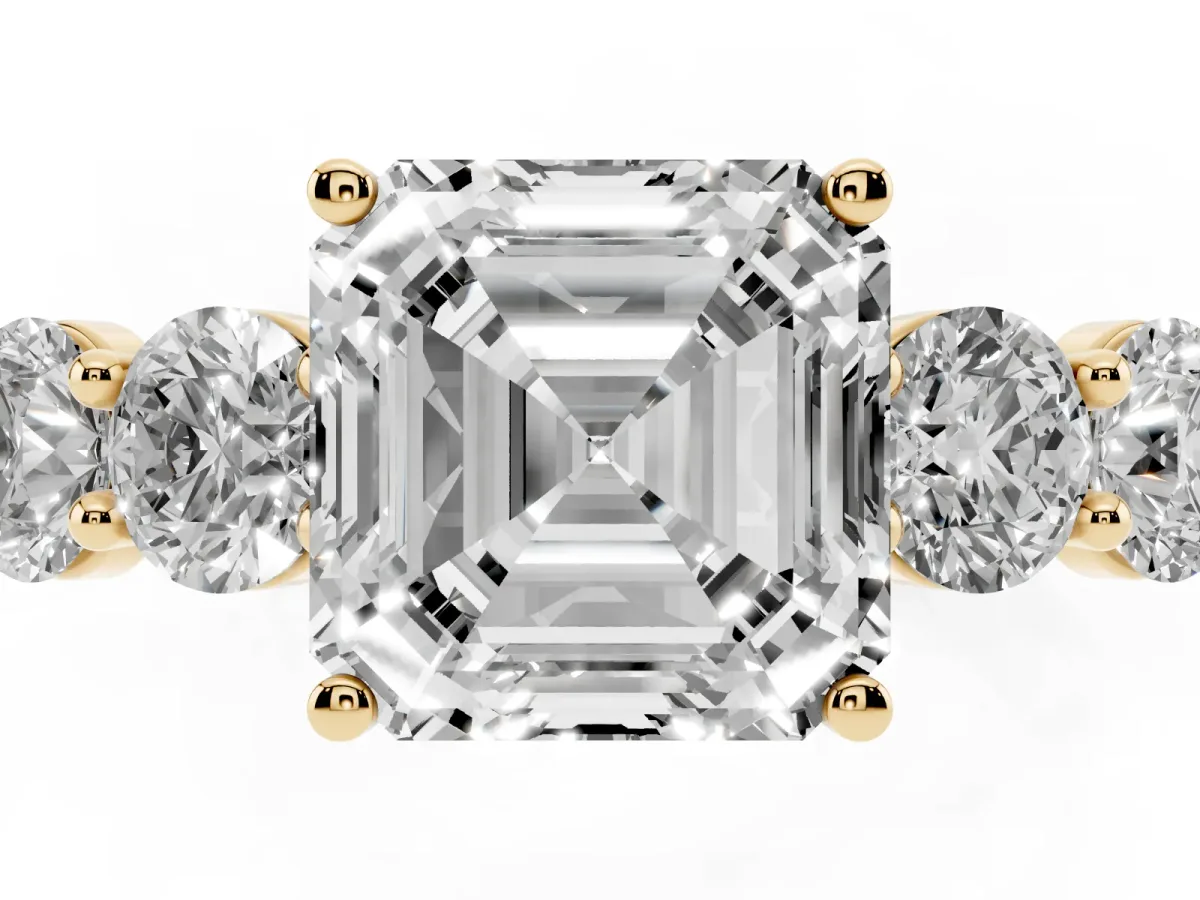 Asscher Cut Cut Five-Stone Prong Set Diamond Ring with Classic Band Yellow gold