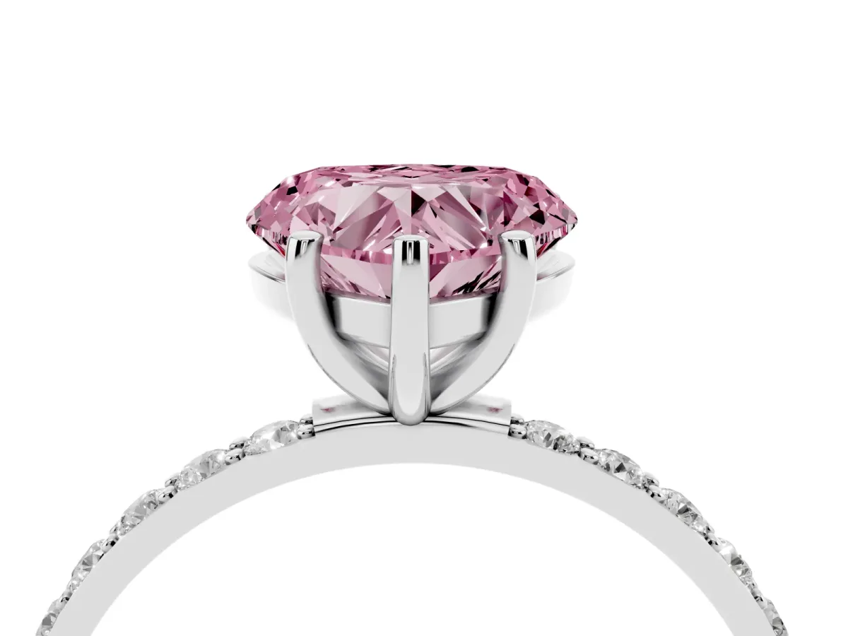 Fancy Pink Heart Cut Diamond Solitaire Ring with Round Pavé Shoulders and Prong Setting Silver