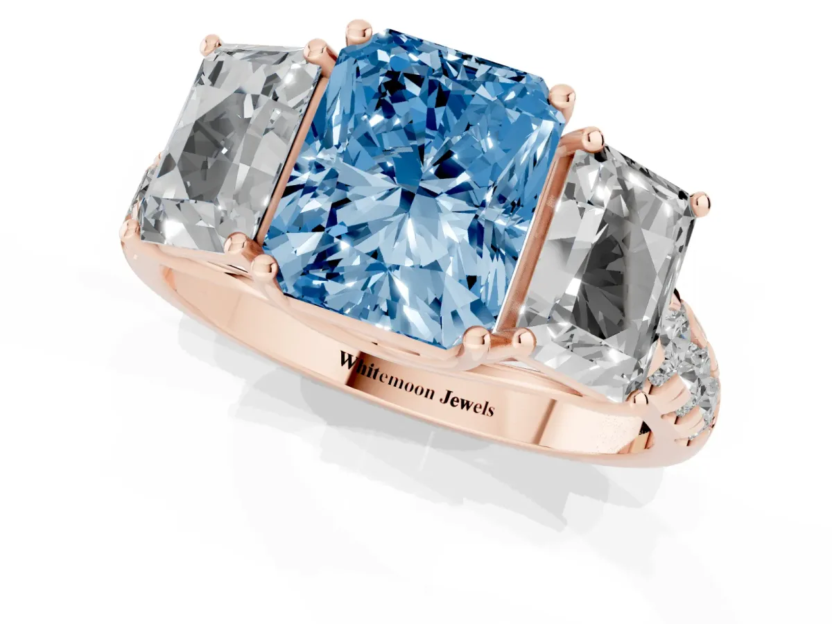 Fancy Blue Three-Stone Radiant Cut Diamond Pavé Band with Prong Setting Rose gold