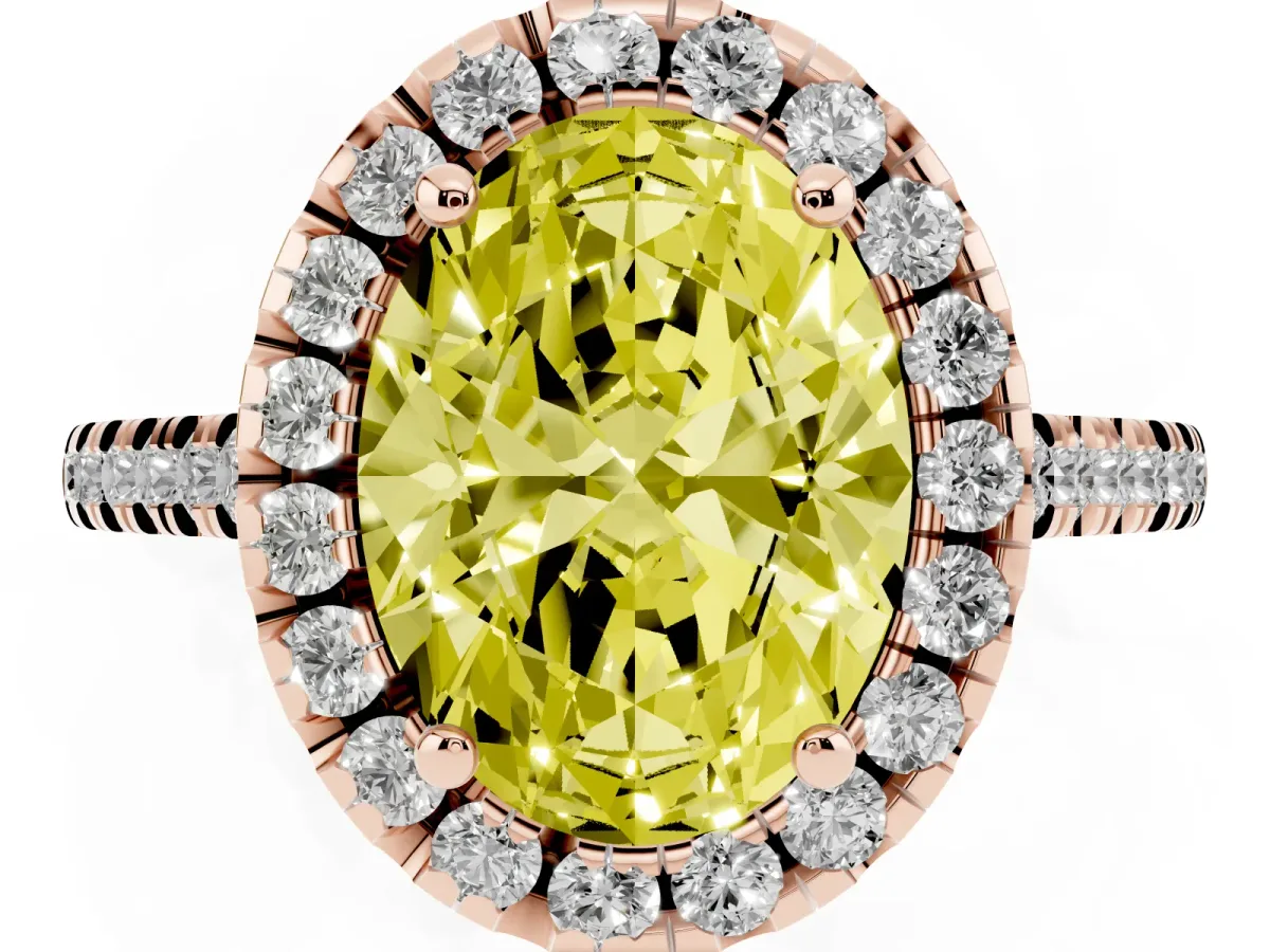 Fancy Yellow Oval Cut Diamond Cushion Halo Ring with Pavé Band Rose gold