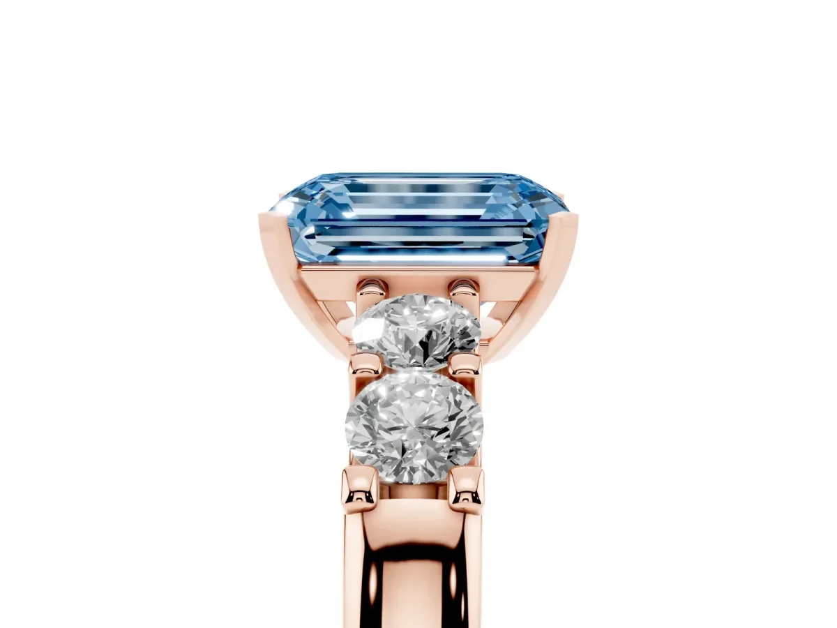 Fancy Blue Emerald Cut Brilliant Cut Diamond Five-Stone Prong Set Engagement Ring with Channel Band Rose gold