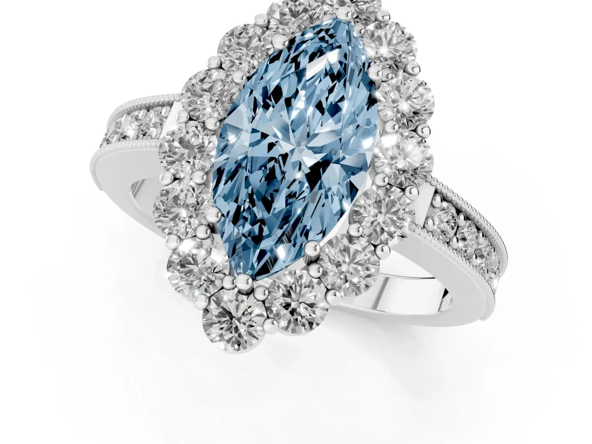 Fancy Blue Marquise Cut Cut Halo Diamond Pavé Engagement Ring with Milgrain Detailing Silver