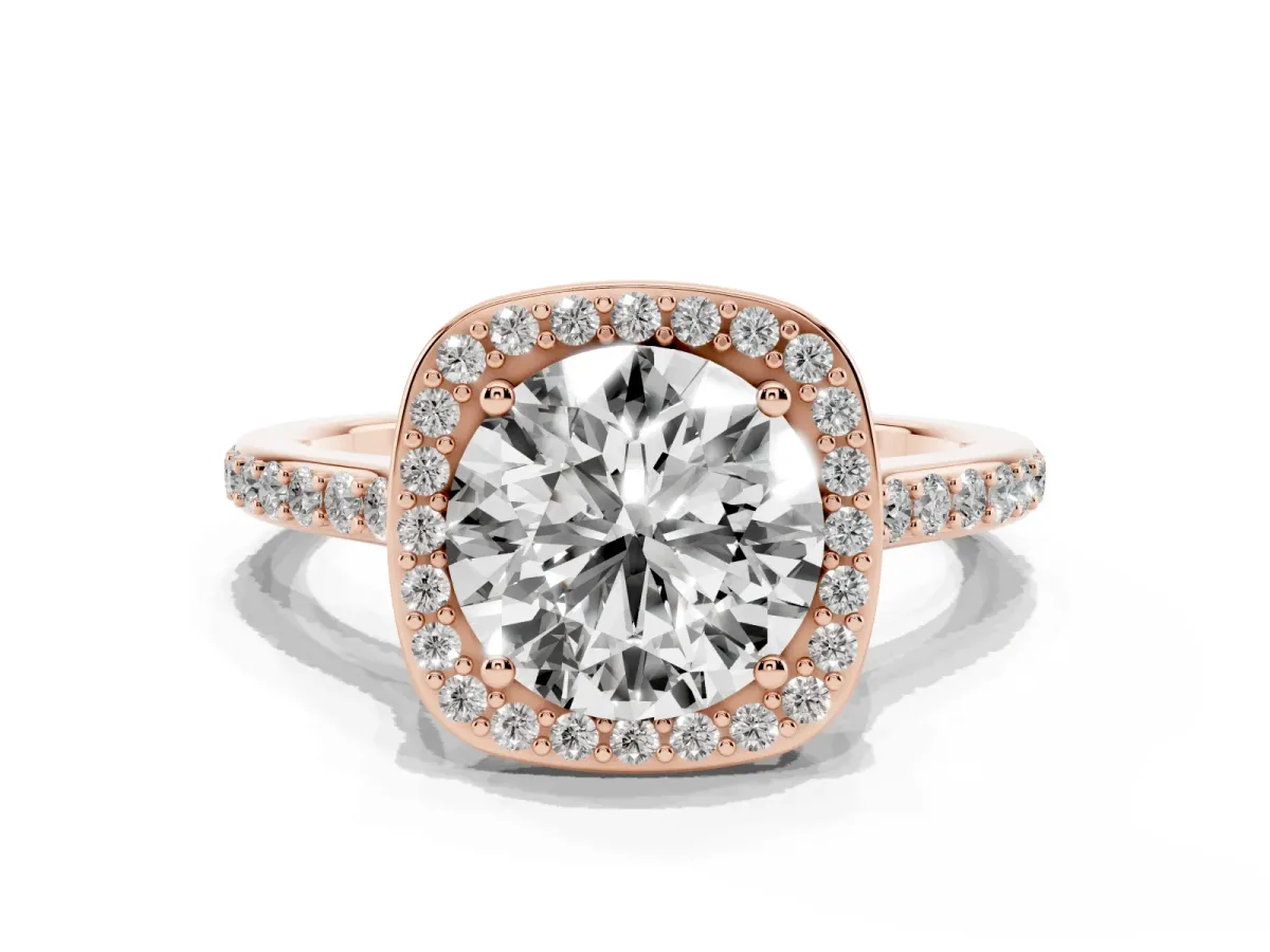 Round Cut Diamond Halo Engagement Ring with Round Pavé Shoulders and Prong Setting Rose gold