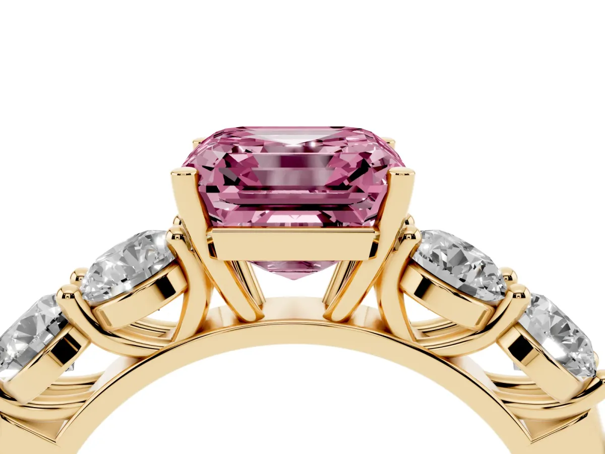 Fancy Pink Asscher Cut Cut Five-Stone Prong Set Diamond Ring with Classic Band Yellow gold