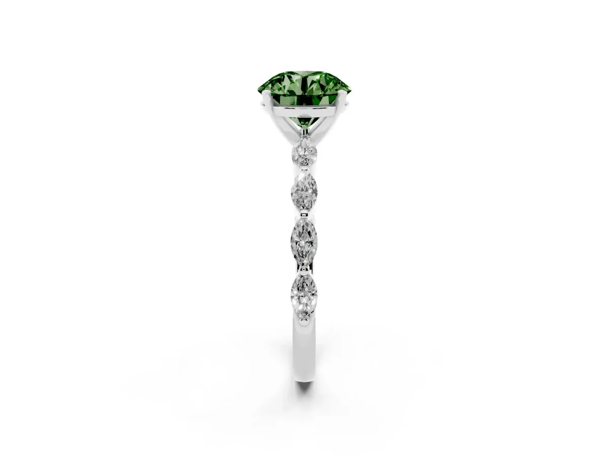 Fancy Green Round Cut Diamond Ring with Marquise Side Stones and Prong Setting Silver