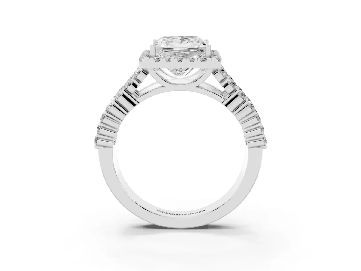 Princess Cut Diamond Halo Engagement Ring with Triple Row Round Pavé Band and Prong Setting White gold