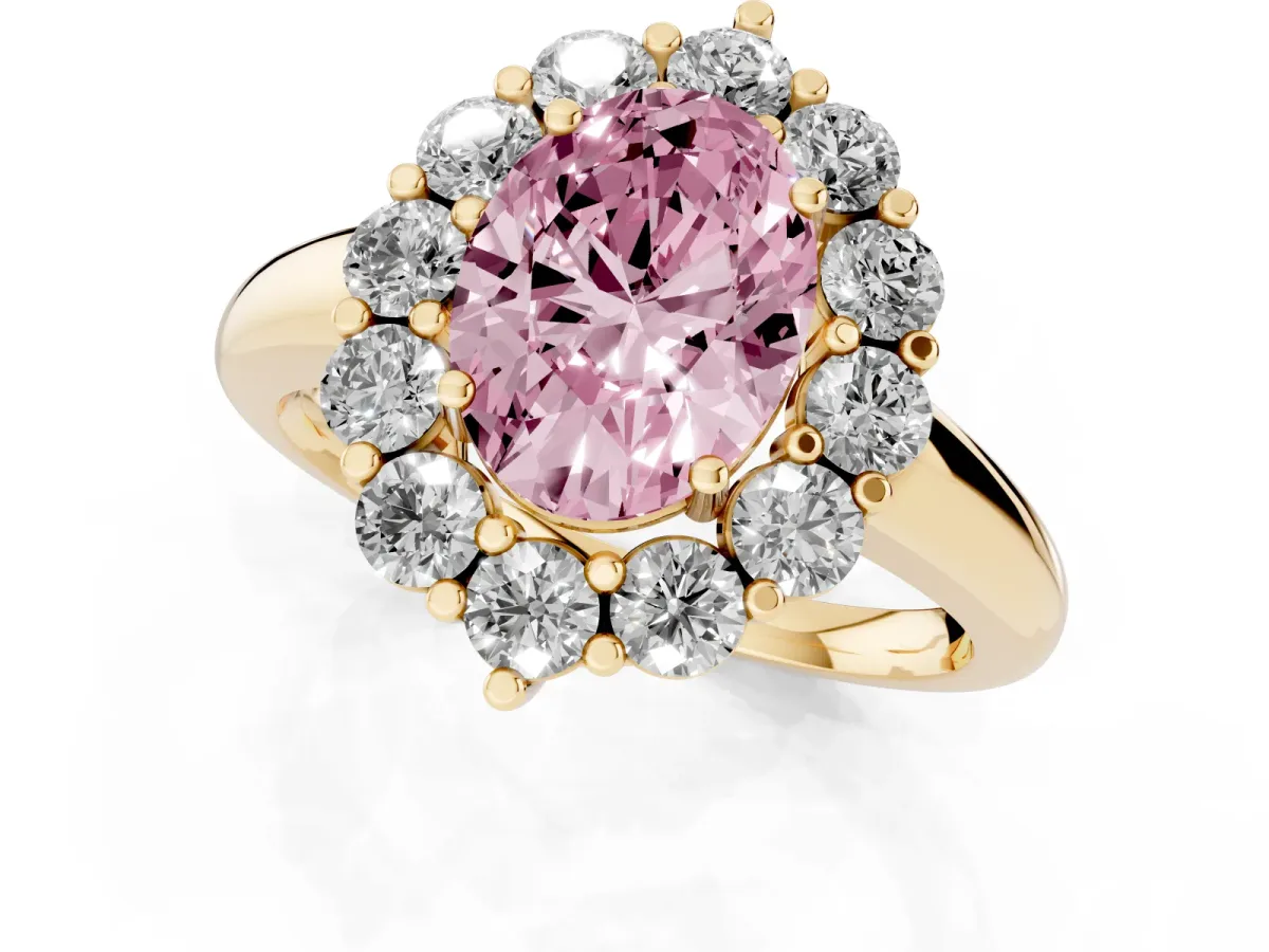 Fancy Pink Oval Cut Halo Cluster Diamond Engagement Ring with Prong Setting and Polished Band Yellow gold