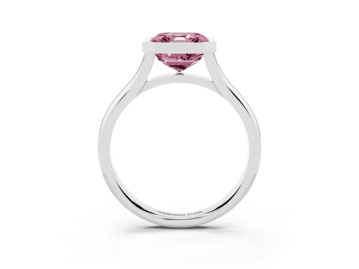 Fancy Pink Bezel Set Asscher Cut Cut Solitaire Ring with Tapered Band Silver