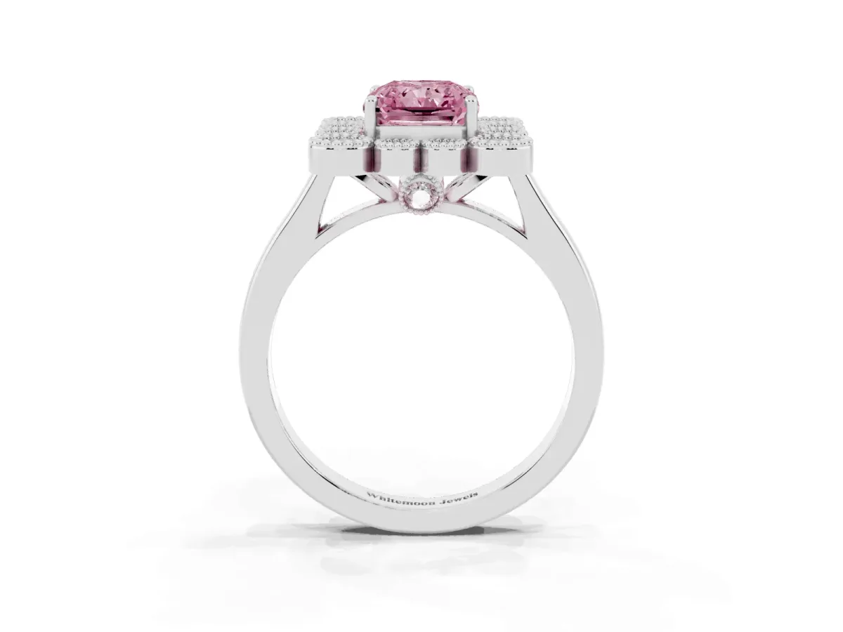Fancy Pink Radiant Cut Halo Diamond Cluster Engagement Ring with Milgrain Bezel Setting and Solitaire Band Platinum