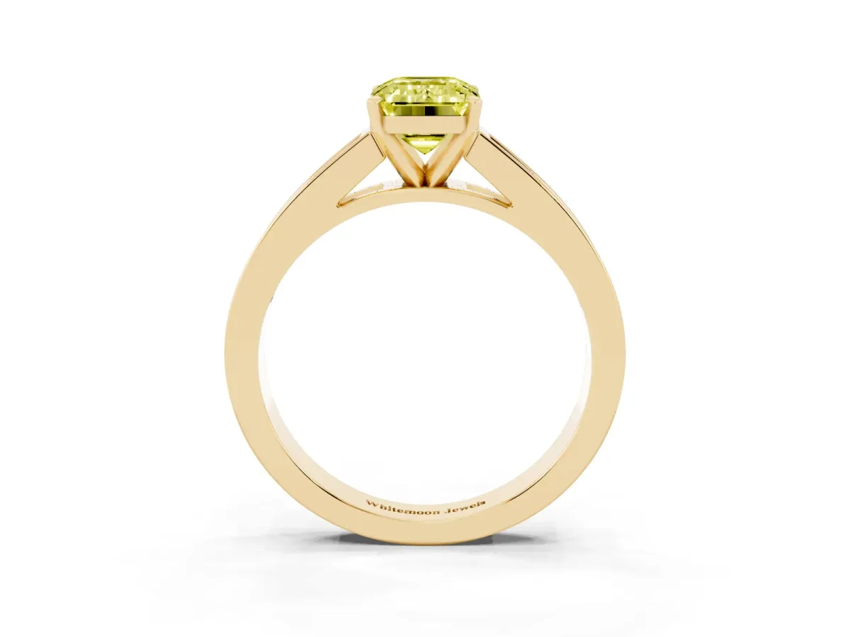 Fancy Yellow Emerald Cut Solitaire Diamond Ring with Channel-Set Band and Four-Prong Setting Yellow gold