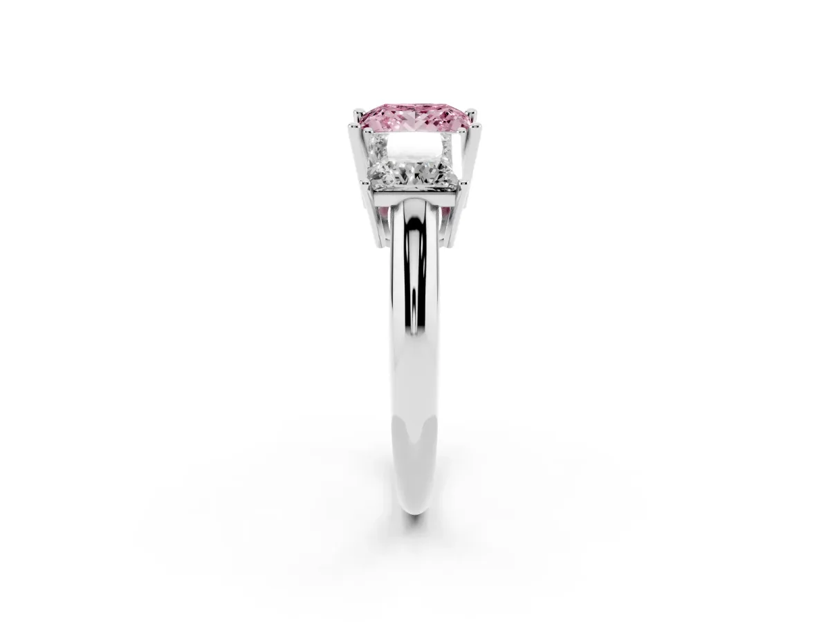 Fancy Pink Three-Stone Princess Cut Cut Diamond Engagement Ring with Prong Setting on a White Gold Band Platinum
