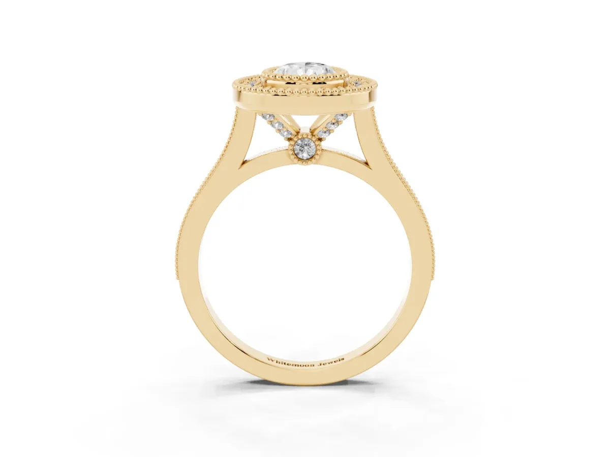 Pear Cut Diamond Halo Ring with Milgrain Frame and Pavé Band Yellow gold