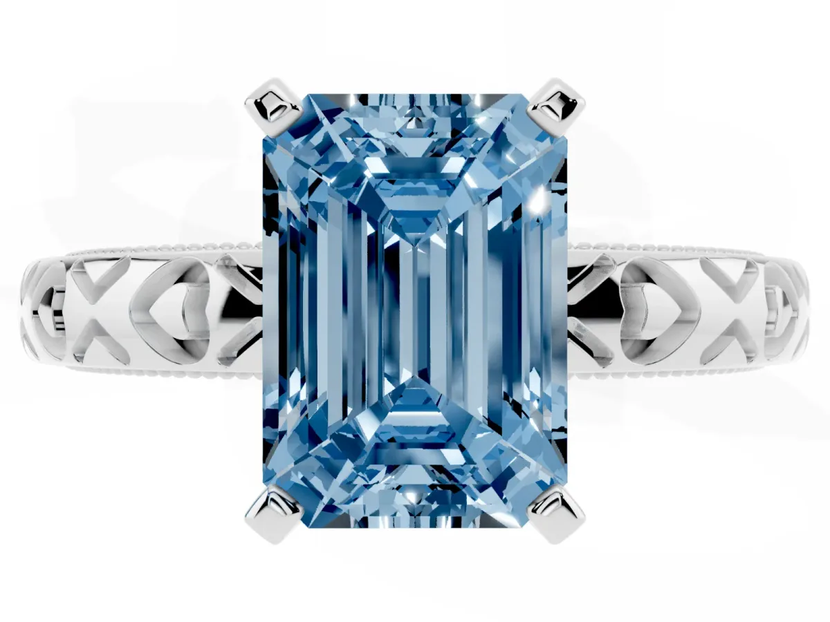 Fancy Blue Emerald Cut Solitaire Diamond Engagement Ring with XO Engraved Band and Four-Prong Setting Silver