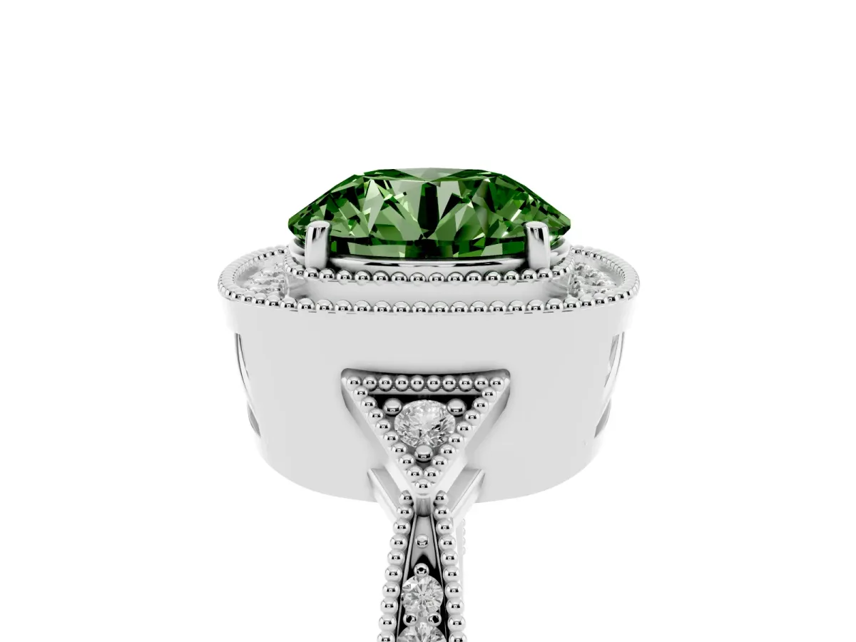 Fancy Green Round Cut Halo Round Diamond Milgrain Pave Engagement Ring Silver