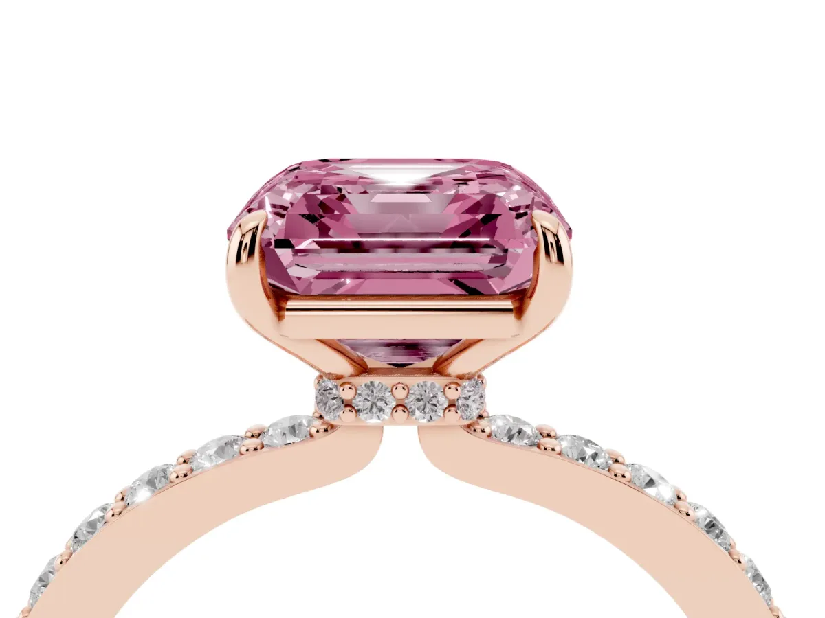 Fancy Pink Asscher Cut Diamond Pavé Engagement Ring with Round Accents and Prong Setting Rose gold