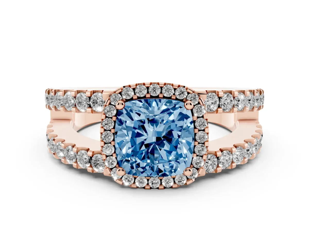 Fancy Blue Cushion Cut Cut Halo Split Shank Diamond Ring with Four-Prong Setting Rose gold
