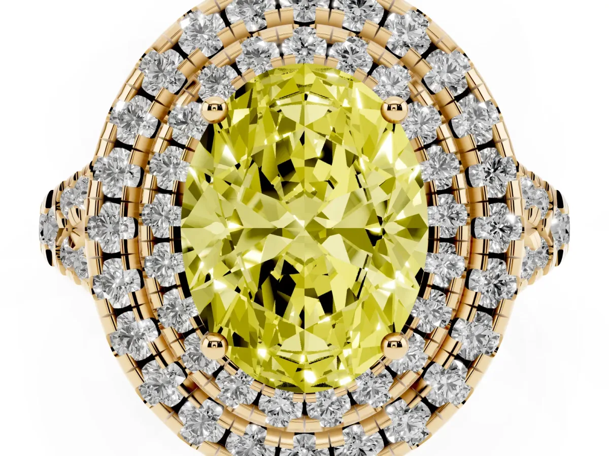 Fancy Yellow Double Halo Oval Cut Diamond Pavé Split Shank Ring with Prong Setting Yellow gold
