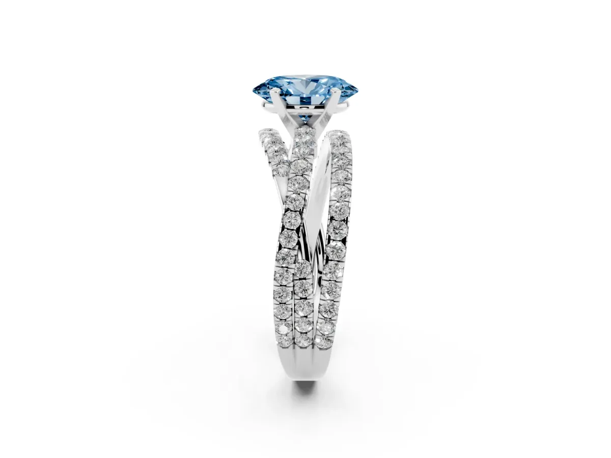 Fancy Blue Oval Cut Solitaire Twist Band with Pavé Setting and Four-Prong Setting Platinum