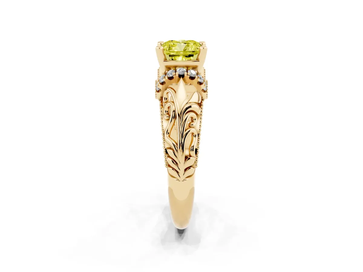 Fancy Yellow Cushion Cut Solitaire Filigree Engagement Ring with Halo and Prong Setting Yellow gold