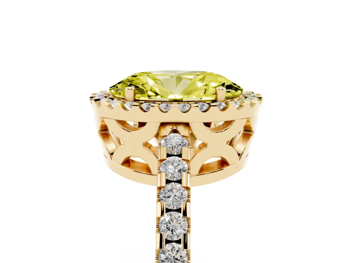 Fancy Yellow Oval Cut Diamond Halo Engagement Ring with Pavé Band and Prong Setting Yellow gold
