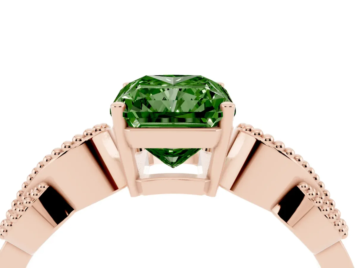 Fancy Green Princess Cut Solitaire Milgrain Leaf Band with Prong Setting Rose gold