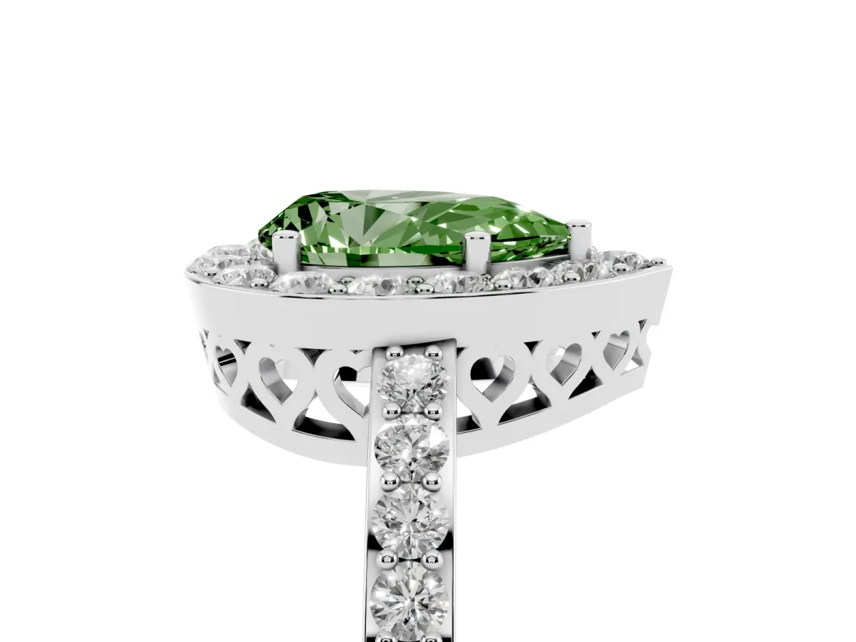 Fancy Green Pear Cut Halo Diamond Pavé Band Ring with Prong Setting Silver
