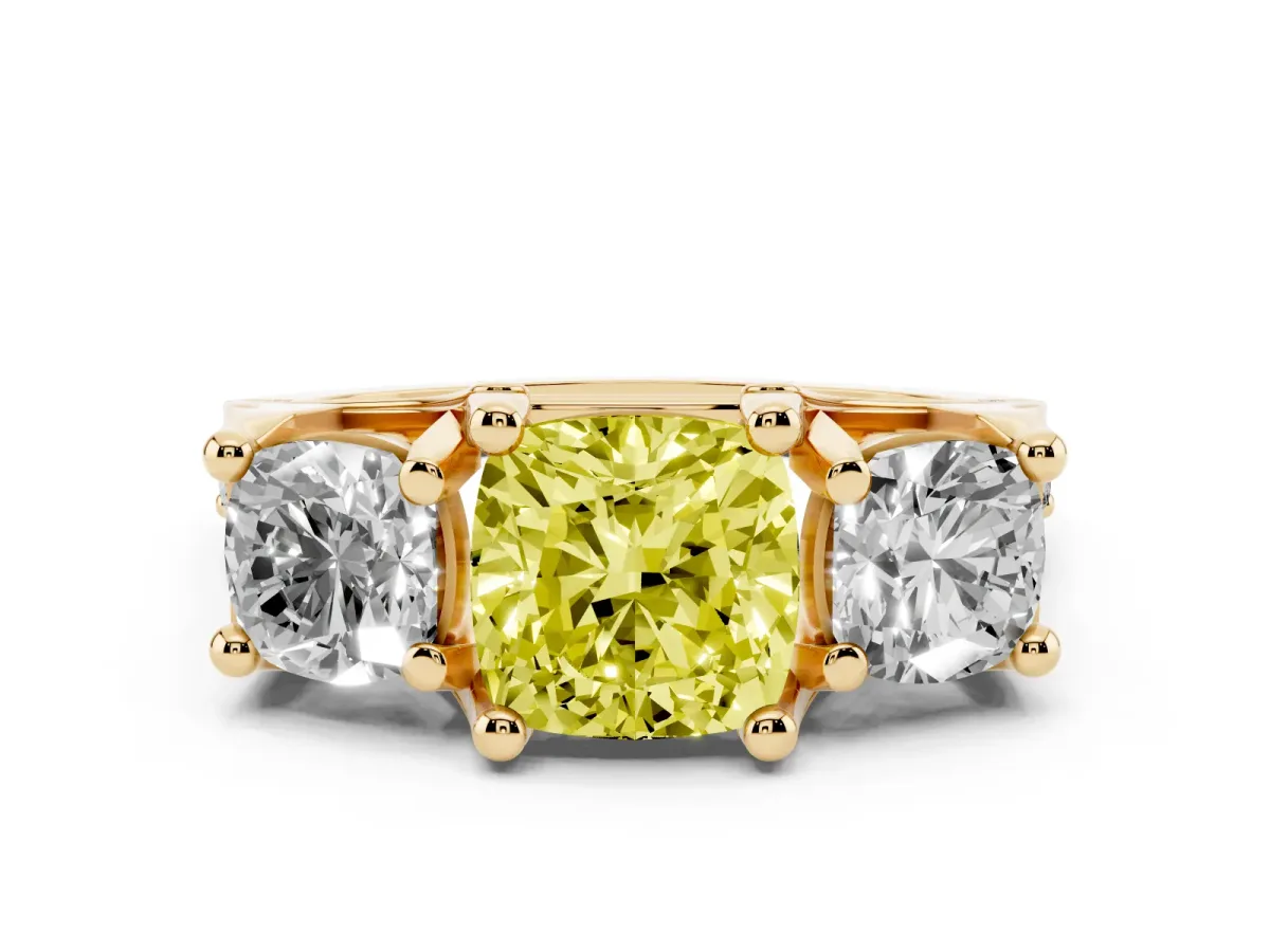 Fancy Yellow Cushion Cut Diamond Three-Stone Ring with Channel Set Band and Four-Prong Setting Yellow gold