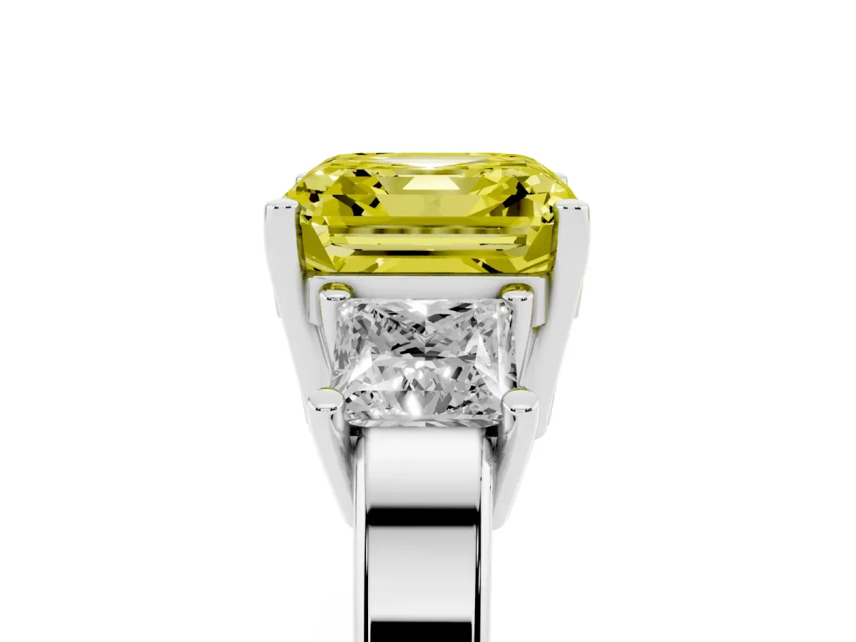 Fancy Yellow Three-Stone Asscher Cut Cut Solitaire Ring with Prong Setting Platinum
