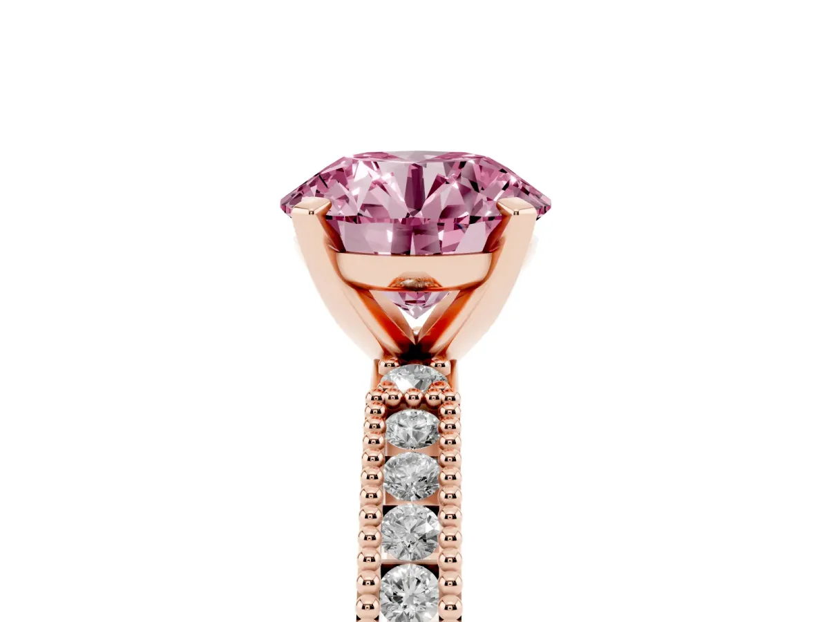 Fancy Pink Round Cut Solitaire with Pavé Band and Four-Prong Setting Rose gold