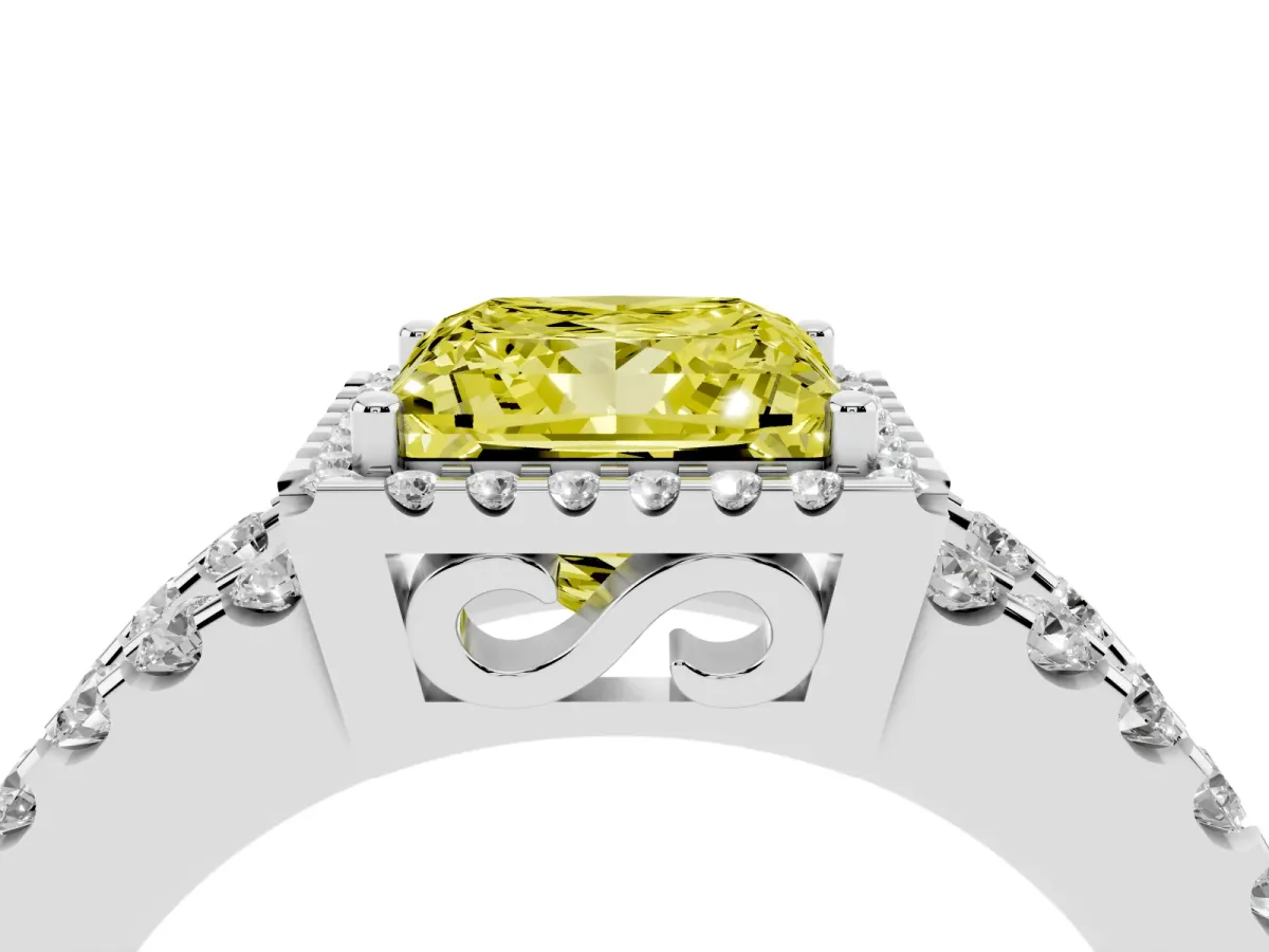 Fancy Yellow Princess Cut Cut Halo Split Shank Diamond Ring with Four-Prong Setting Silver