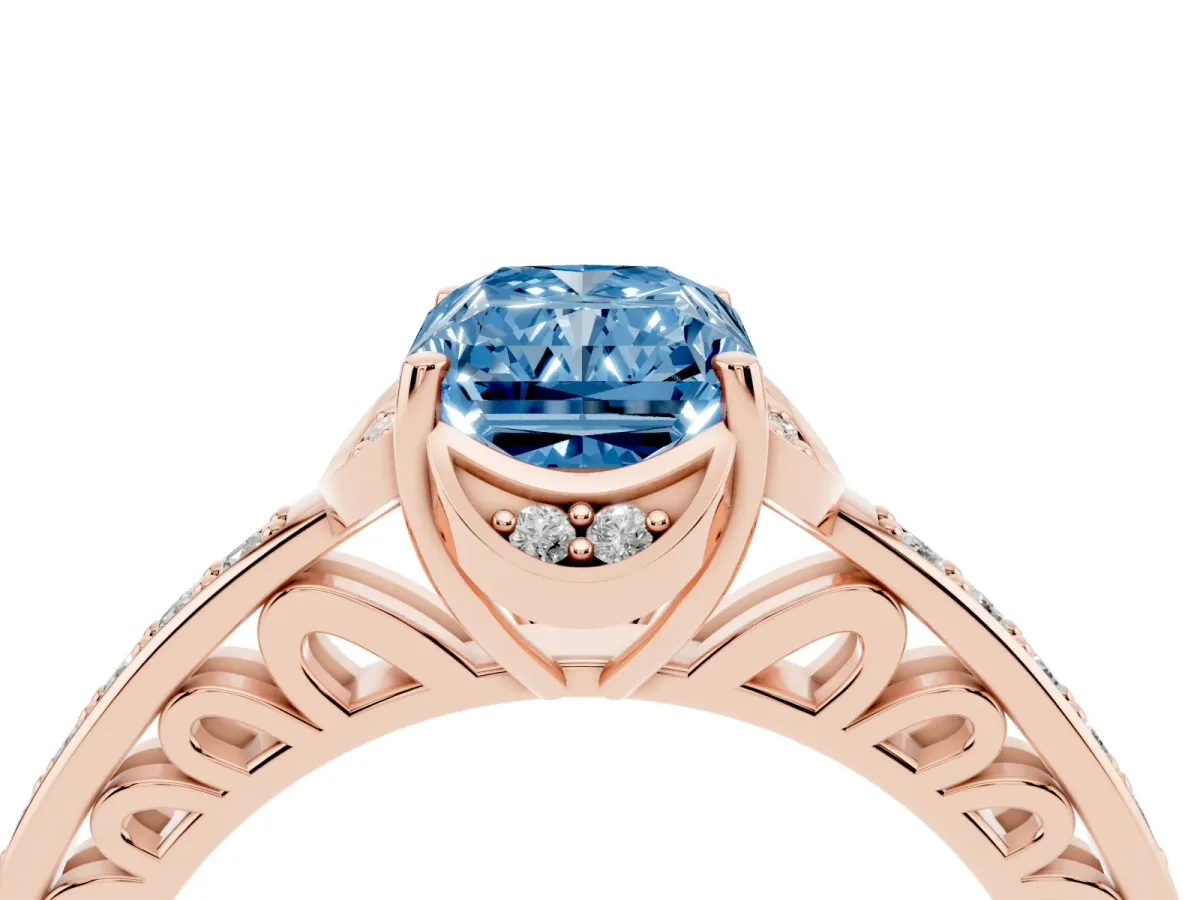 Fancy Blue Radiant Cut Cut Halo Diamond Ring with Channel Set Band and Four-Prong Setting Rose gold