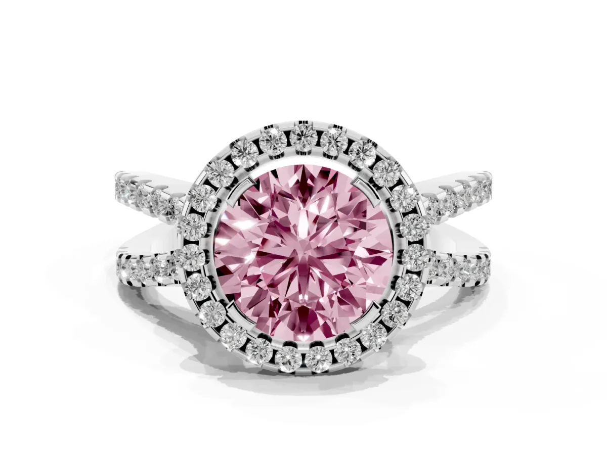 Fancy Pink Round Cut Diamond Halo Ring with Split Shank Pavé Band and Prong Setting Silver