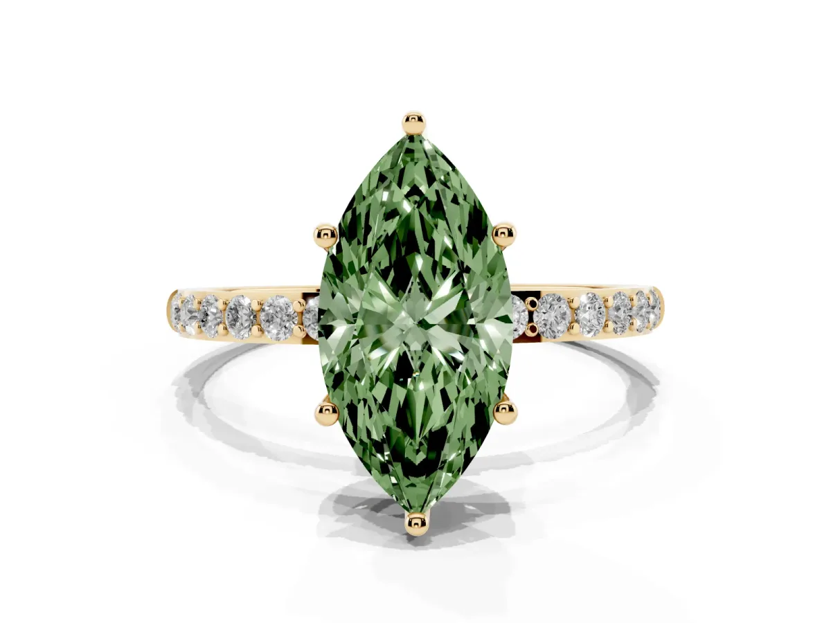 Fancy Green Marquise Cut Diamond Solitaire Ring with Round Pavé Shoulders and Prong Setting Yellow gold