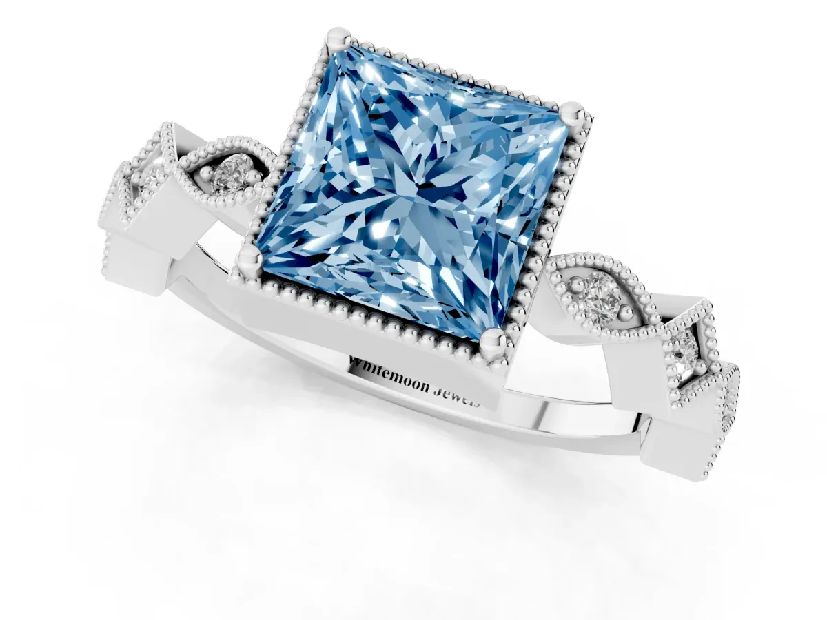 Fancy Blue Princess Cut Milgrain Marquise Diamond Twist Band Ring Platinum
