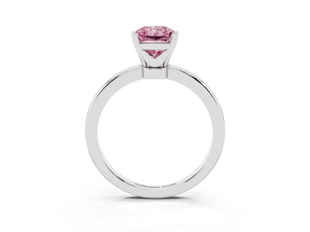 Fancy Pink Radiant Cut Solitaire Diamond Ring with Six-Prong Setting on a Classic Band Silver