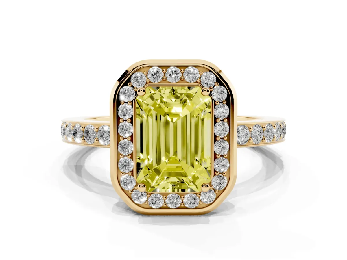 Fancy Yellow Emerald Cut Diamond Halo Ring with Bezel Frame and Pavé Band Yellow gold