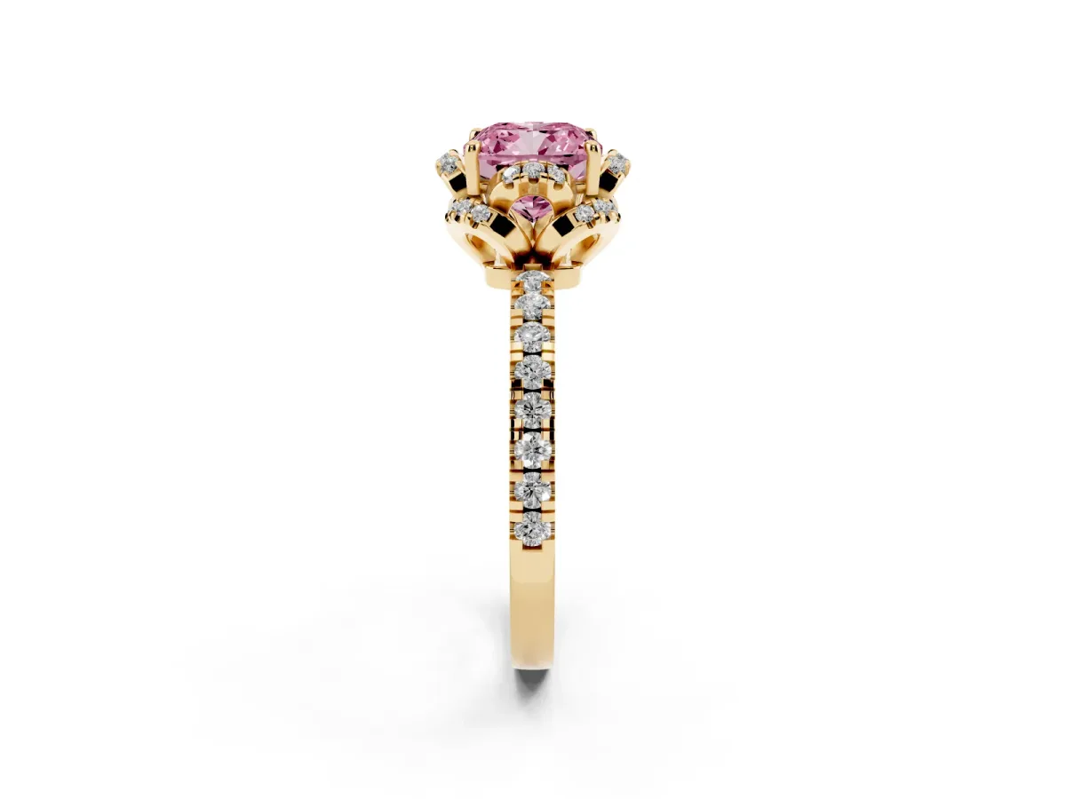 Fancy Pink Cushion Cut Halo Diamond Pave Band Ring with Four-Prong Setting Yellow gold