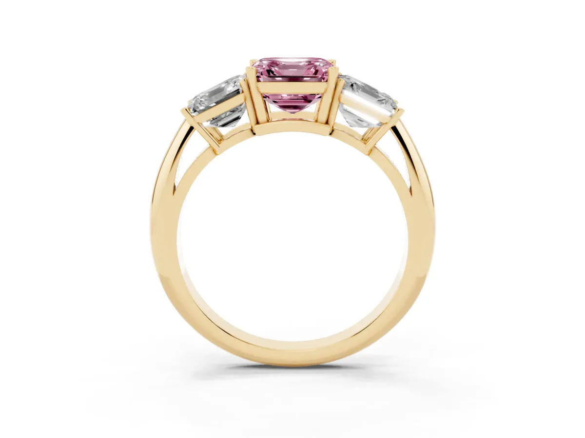 Fancy Pink Three-Stone Asscher Cut Cut Diamond Engagement Ring with Prong Setting on a White Gold Band Yellow gold