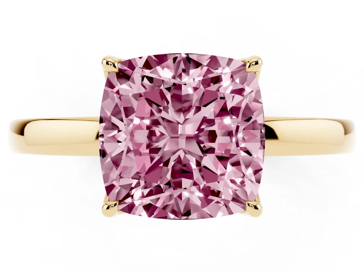 Fancy Pink Cushion Cut Diamond Solitaire Ring with Thin Band and Prong Setting Yellow gold