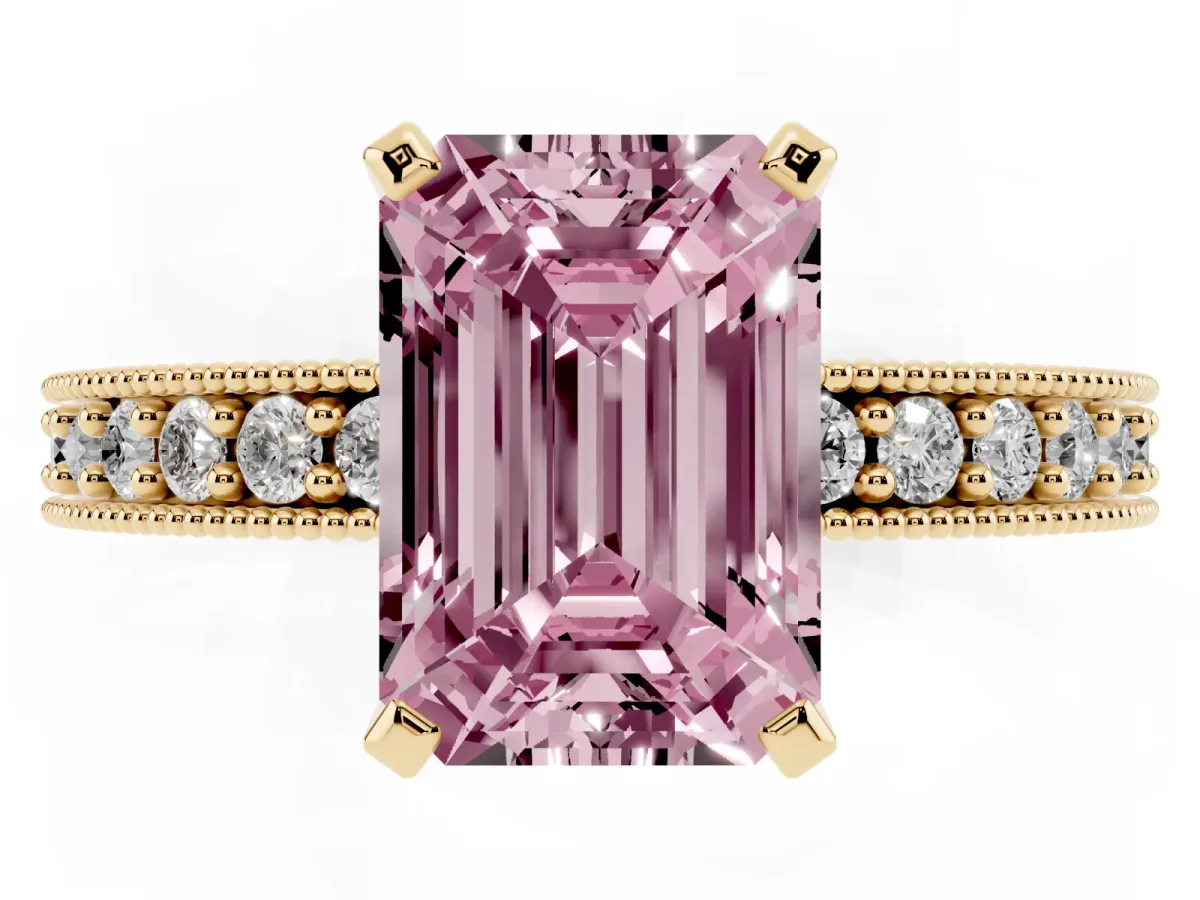 Fancy Pink Emerald Cut Diamond Milgrain Pavé Engagement Ring with Four-Prong Setting Yellow gold