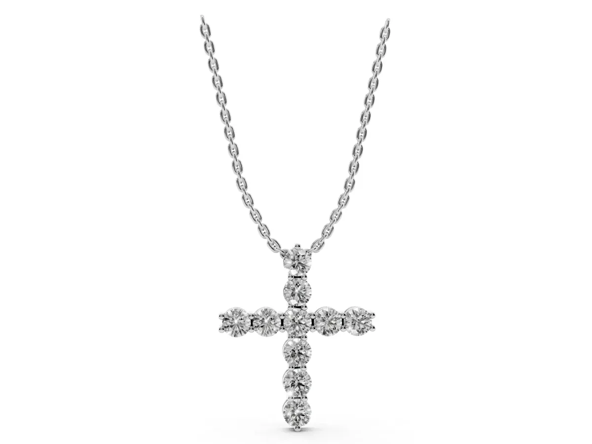 Round Diamond Prong-Set Cross Pendant Silver