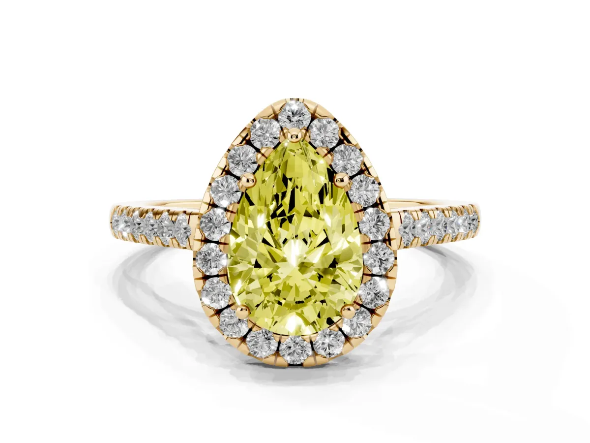 Fancy Yellow Pear Cut Halo Pave Diamond Engagement Ring with Four-Prong Setting Yellow gold