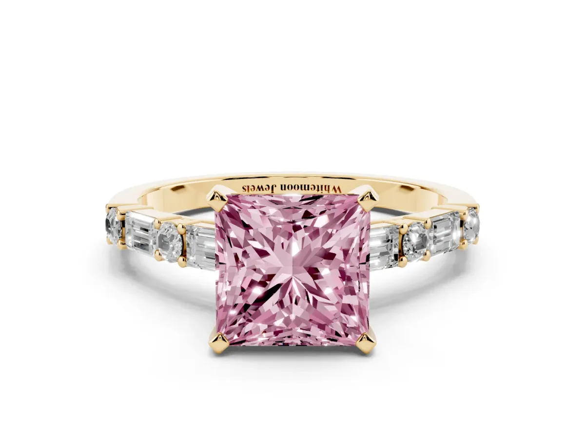 Fancy Pink Princess Cut Diamond Solitaire with Side Baguettes and Channel Set Band Yellow gold