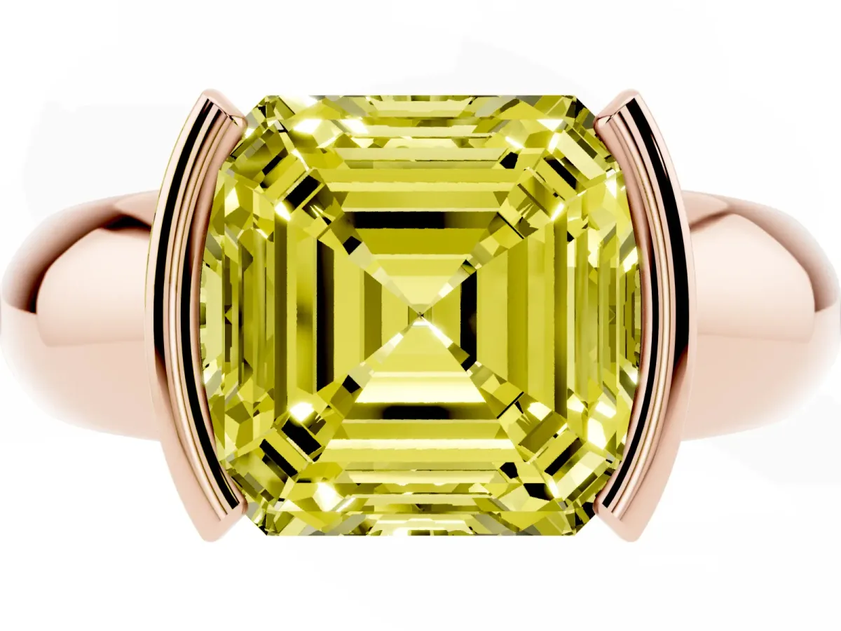 Fancy Yellow Asscher Cut Solitaire Tension Set Diamond Ring with Wide Band Rose gold