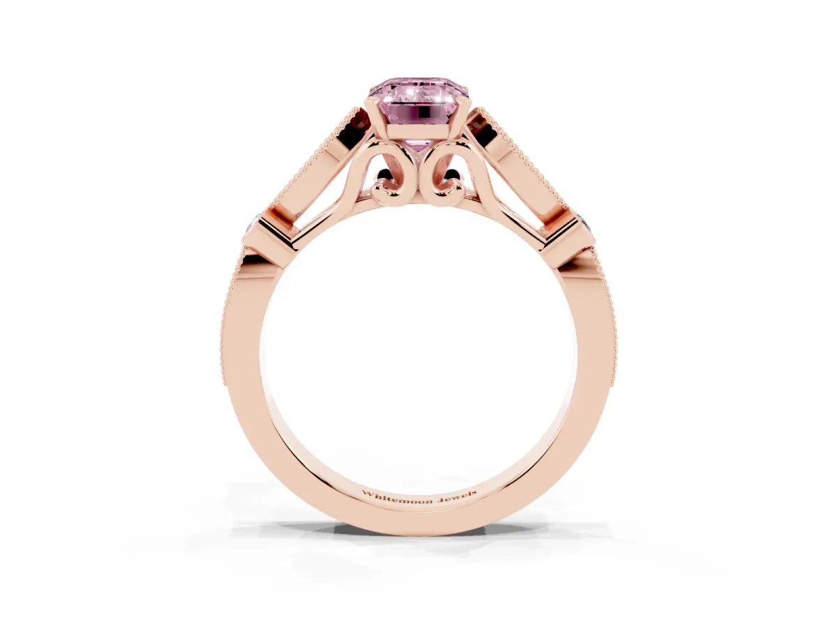 Fancy Pink Emerald Cut Cut Diamond with Milgrain Marquise and Bezel Accents on a Solitaire Band with Prong Setting Rose gold