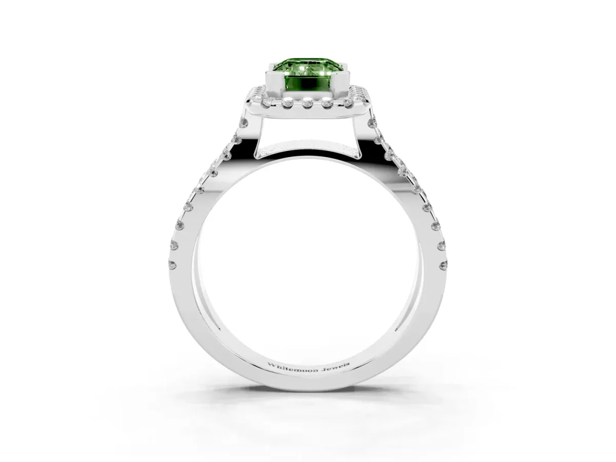 Fancy Green Emerald Cut Diamond Halo Ring with Split Shank Pavé Band and Prong Setting Silver